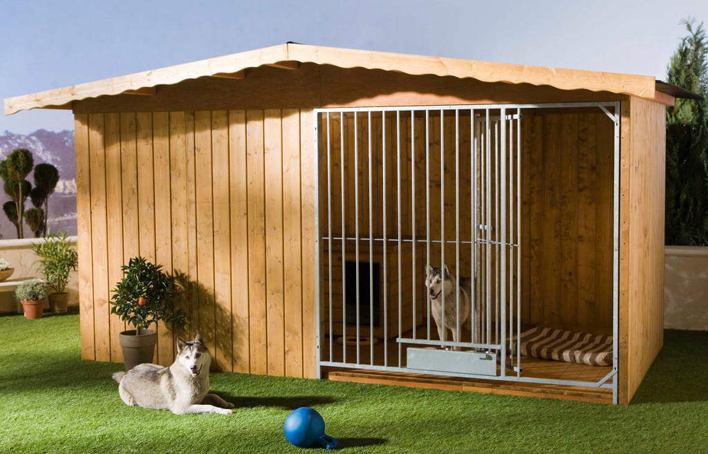 Holzzwinger Villa 2x4 m braun mit Zusatzausstattung gegen Aufpreis: Holzboden, Hundehütte und ausschwenkbares Futterset